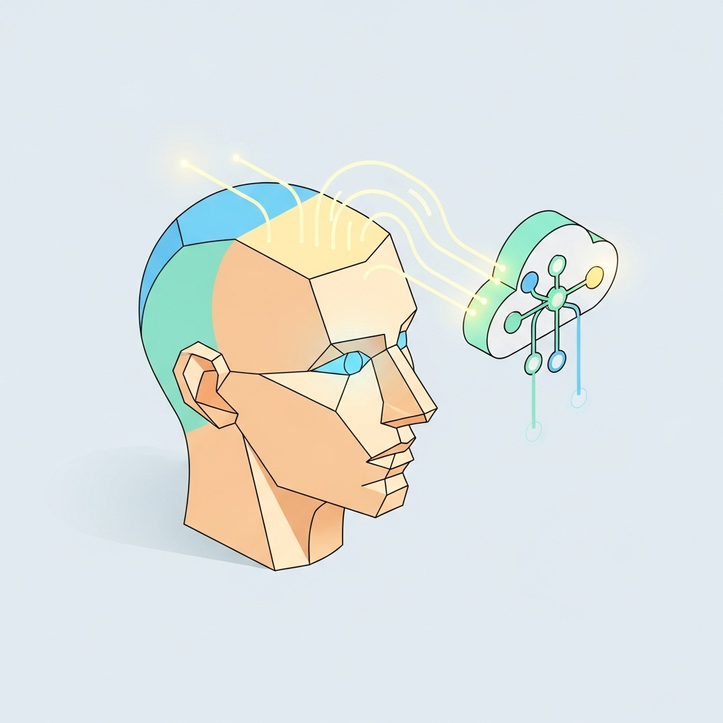 An illustration showing glowing lines representing thought transferring from a human head to a digital system icon.