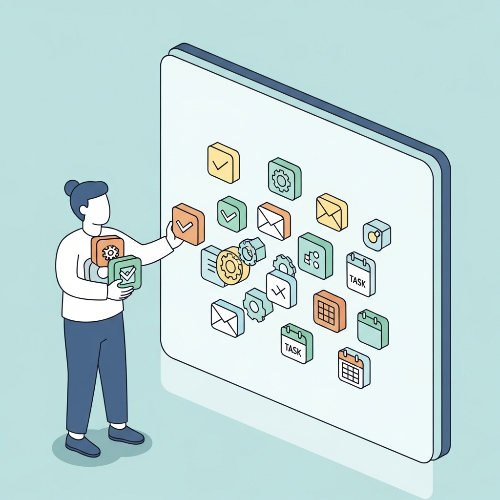 An illustration of a person consciously sorting and delegating digital tasks between themselves and a system.