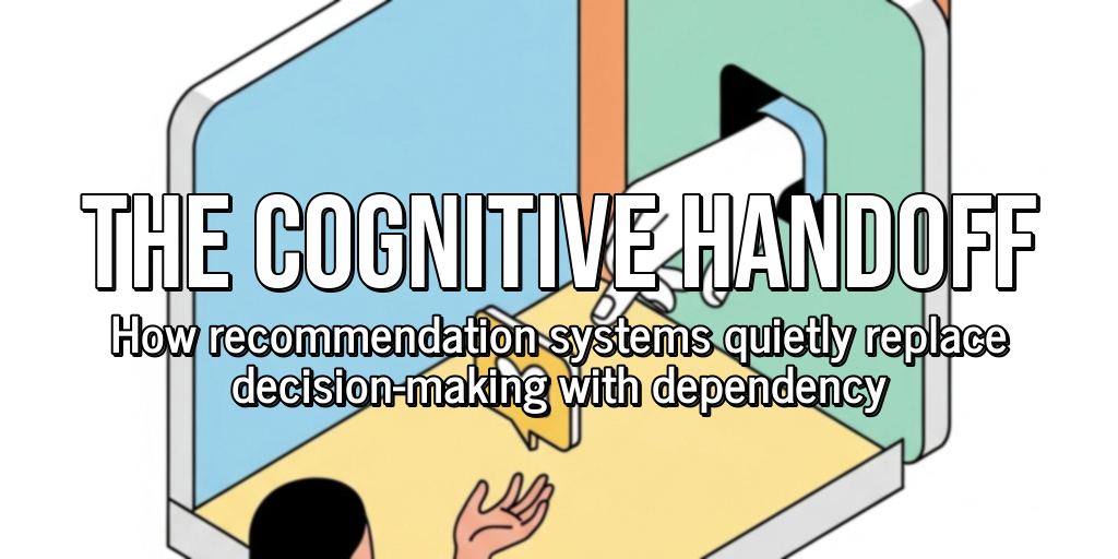 Large bold text that reads,"The Cognitive Handoff: How recommendation systems quietly replace decision-making with dependency"