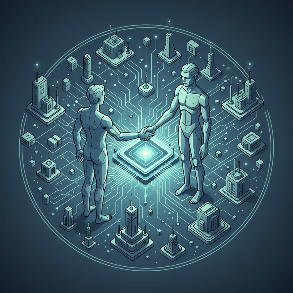 A digital illustration of two abstract figures shaking hands over a glowing energy core, connected by a network of lines to smaller nodes.