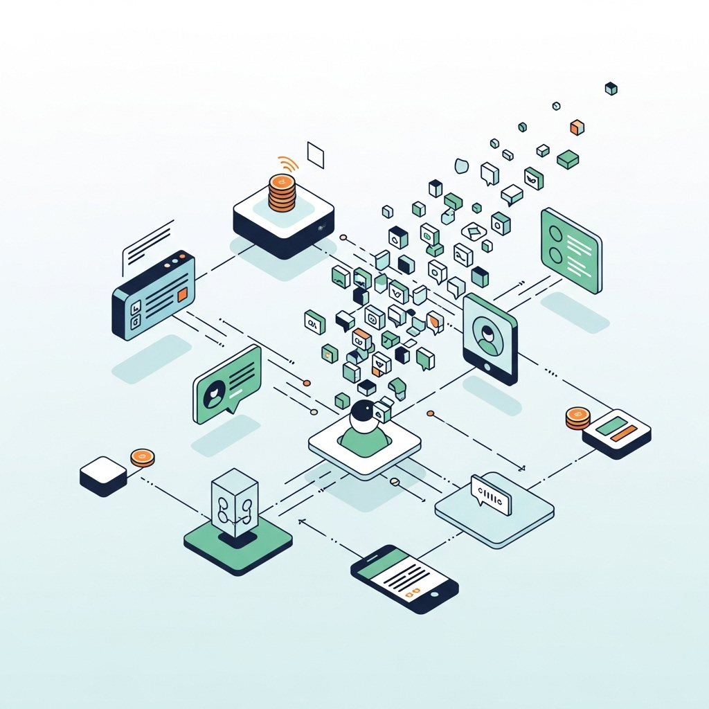 An illustration depicting a system generating many fragmented notifications towards a user, with subtle hints of attention-based economic exchange.