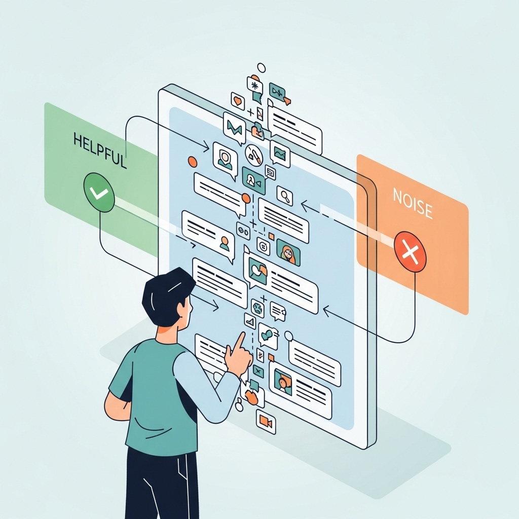 An illustration of a person sorting and filtering digital notifications on a screen, categorizing them into helpful or noisy.