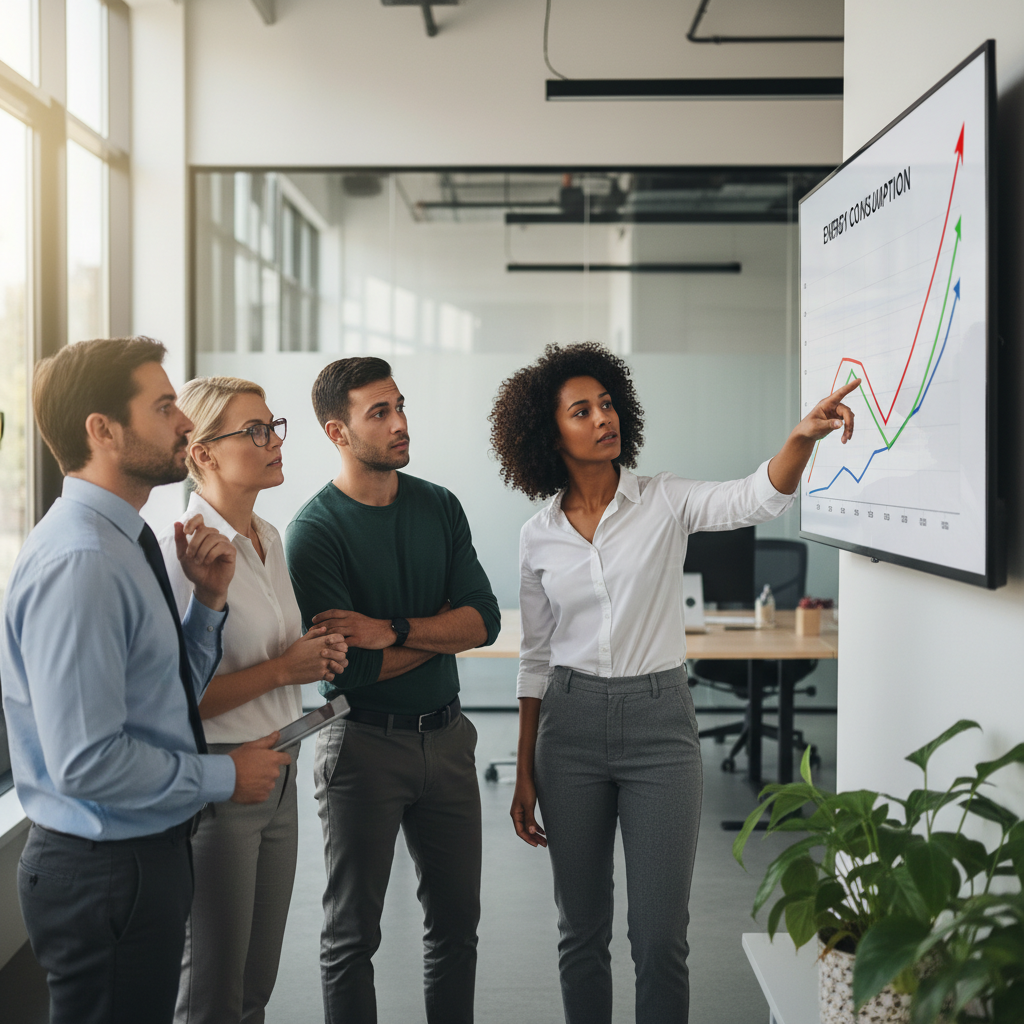 A group of people in an office analyzing energy consumption data on a large screen.
