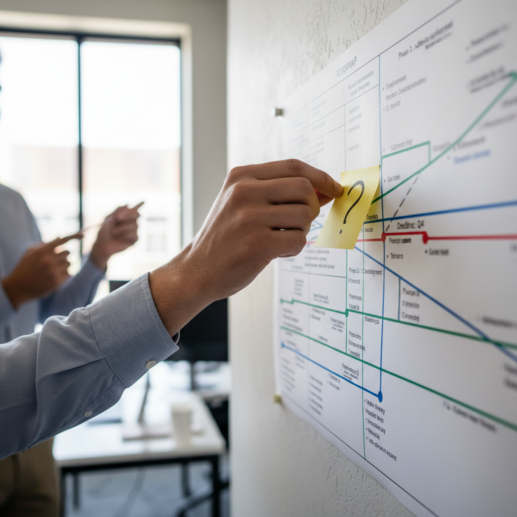 A hand places a question mark sticky note on a project roadmap.