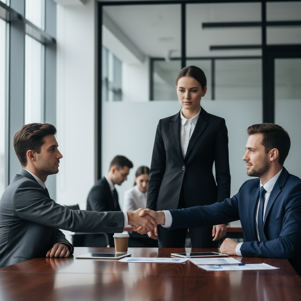 Two people in suits shaking hands while a third person observes them.