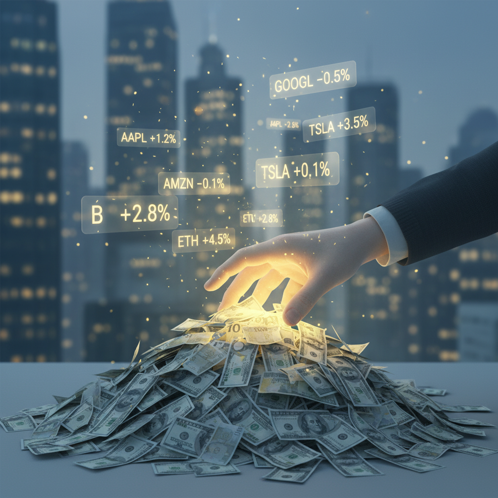 An illustration of a hand reaching into a pile of money, with stock market ticker symbols floating above it.