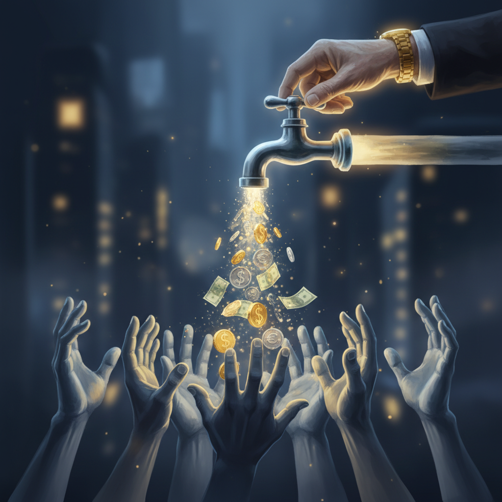An illustration of several hands reaching for money flowing from a faucet, with one hand at the top controlling the faucet.