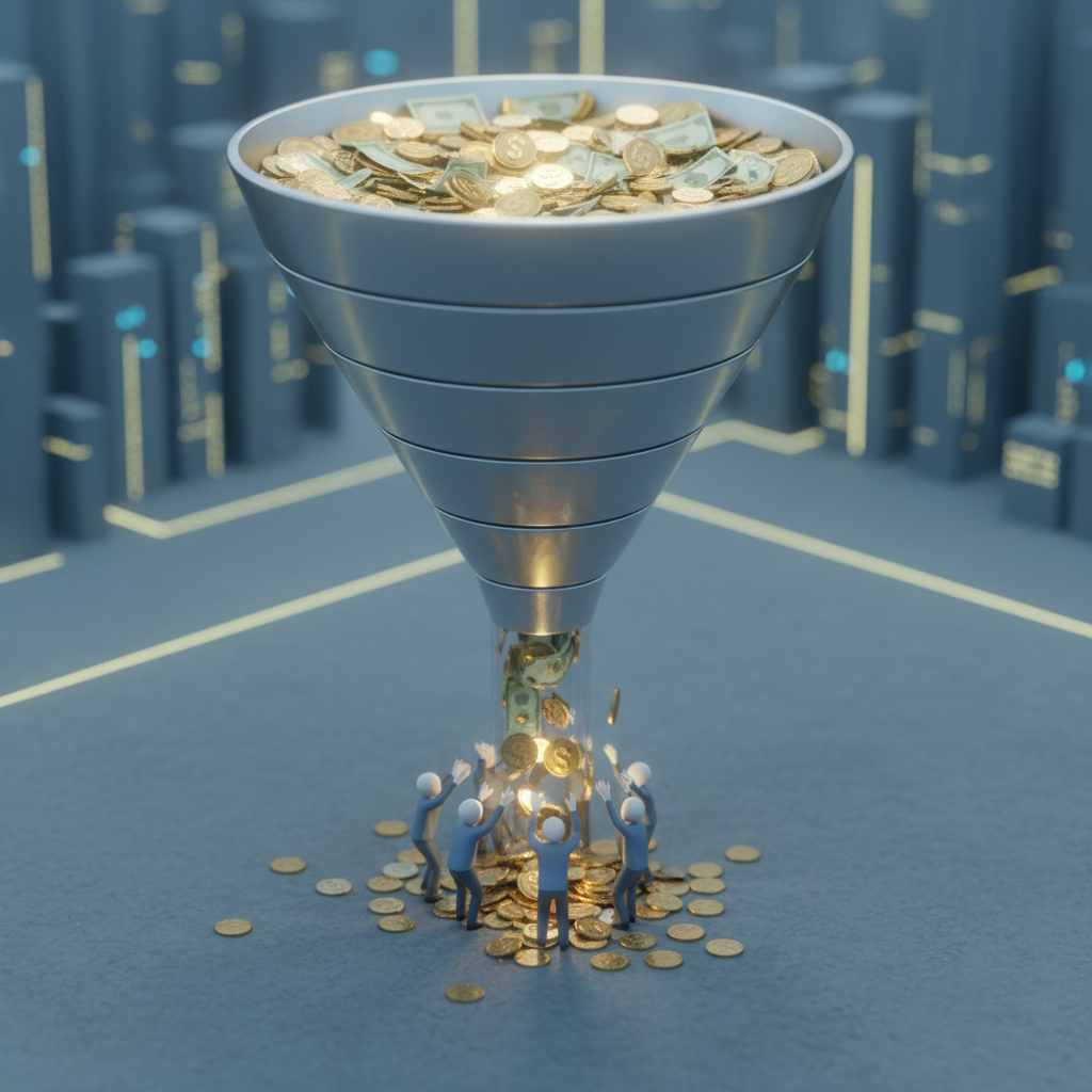An illustration of a large, abstract funnel directing money towards a small group of figures at the bottom.