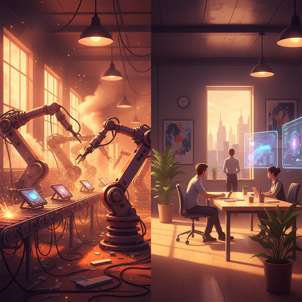 A split image showing a high-tech factory with robots on one side and an empty office on the other.