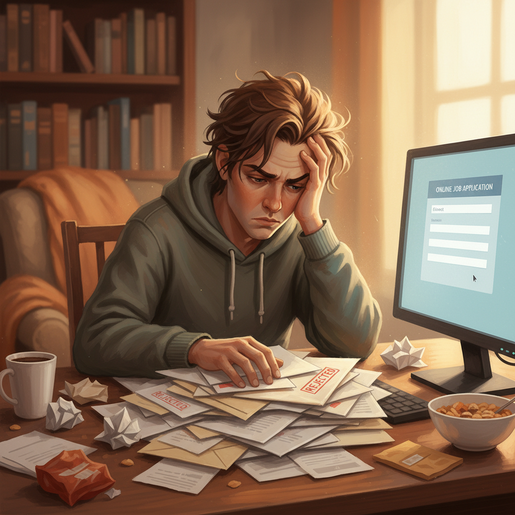 A person at a desk surrounded by rejection letters, looking frustrated while filling out an online job application.