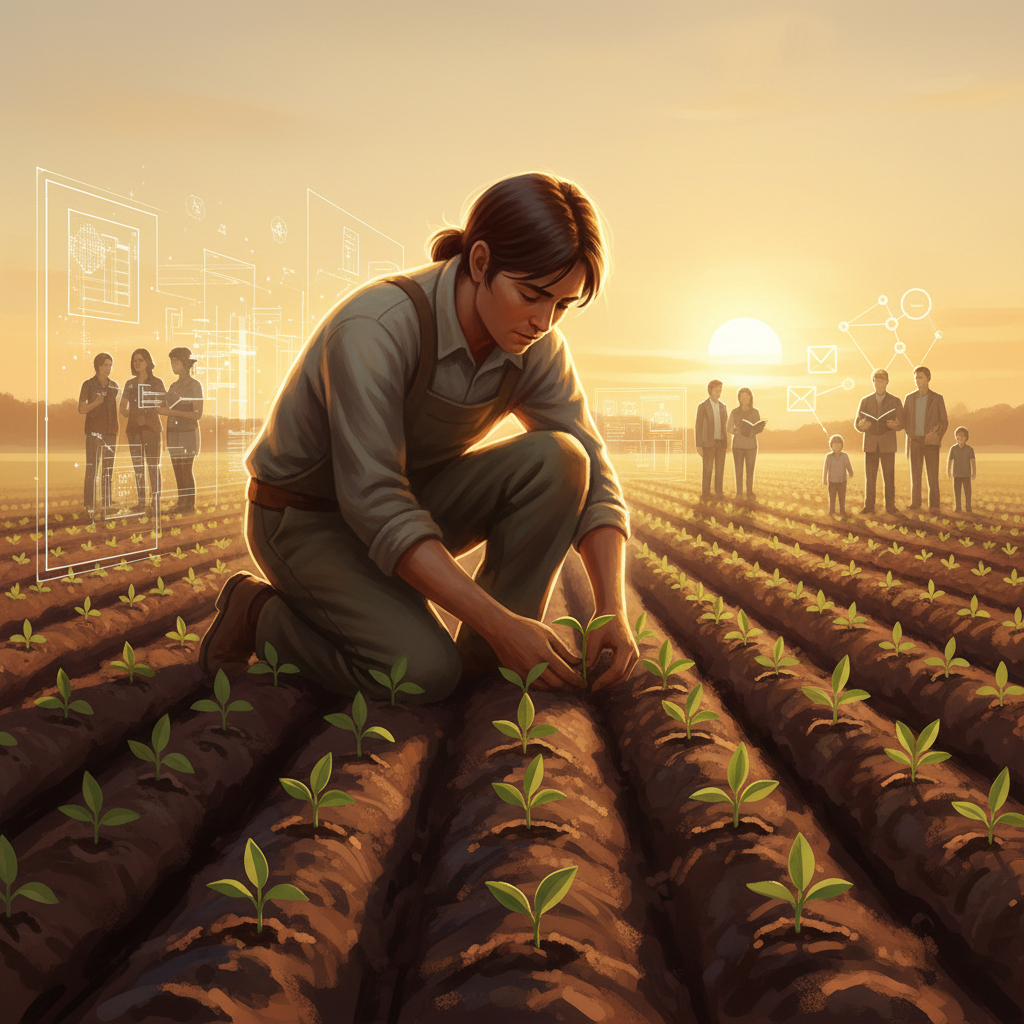 A person planting saplings in a field with sunlight, symbolizing investment in people and growth.