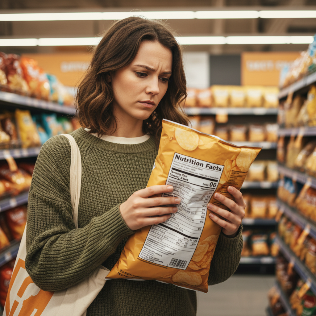 A close-up, realistic stock photo of a person reading a food label on a package of chips in a grocery store aisle, with a thoughtful expression.