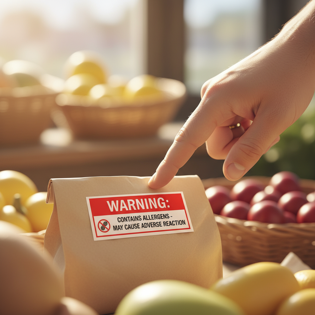 A realistic stock photo of a hand pointing to a "Warning" label prominently displayed on a food package, with other groceries blurred in the background.