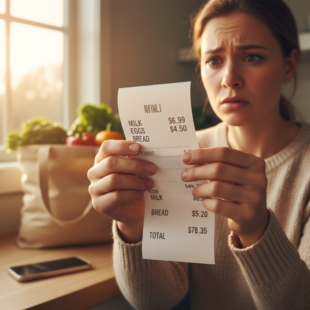 A realistic stock photo of a person’s hands holding a grocery receipt, with the prices clearly visible, while they look at the receipt with a concerned expression.