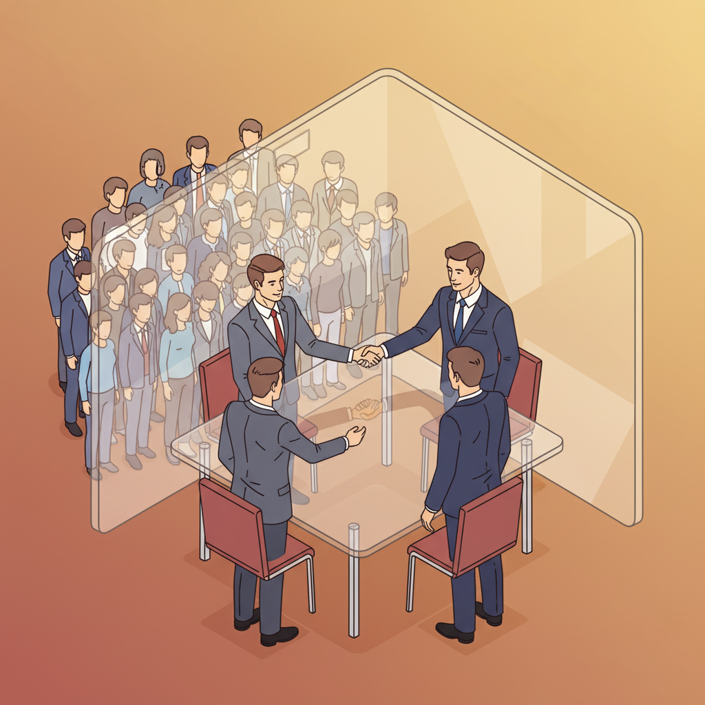 An illustration of several people in suits shaking hands around a boardroom table, with a large, opaque wall separating them from a crowd of smaller, less distinct figures.