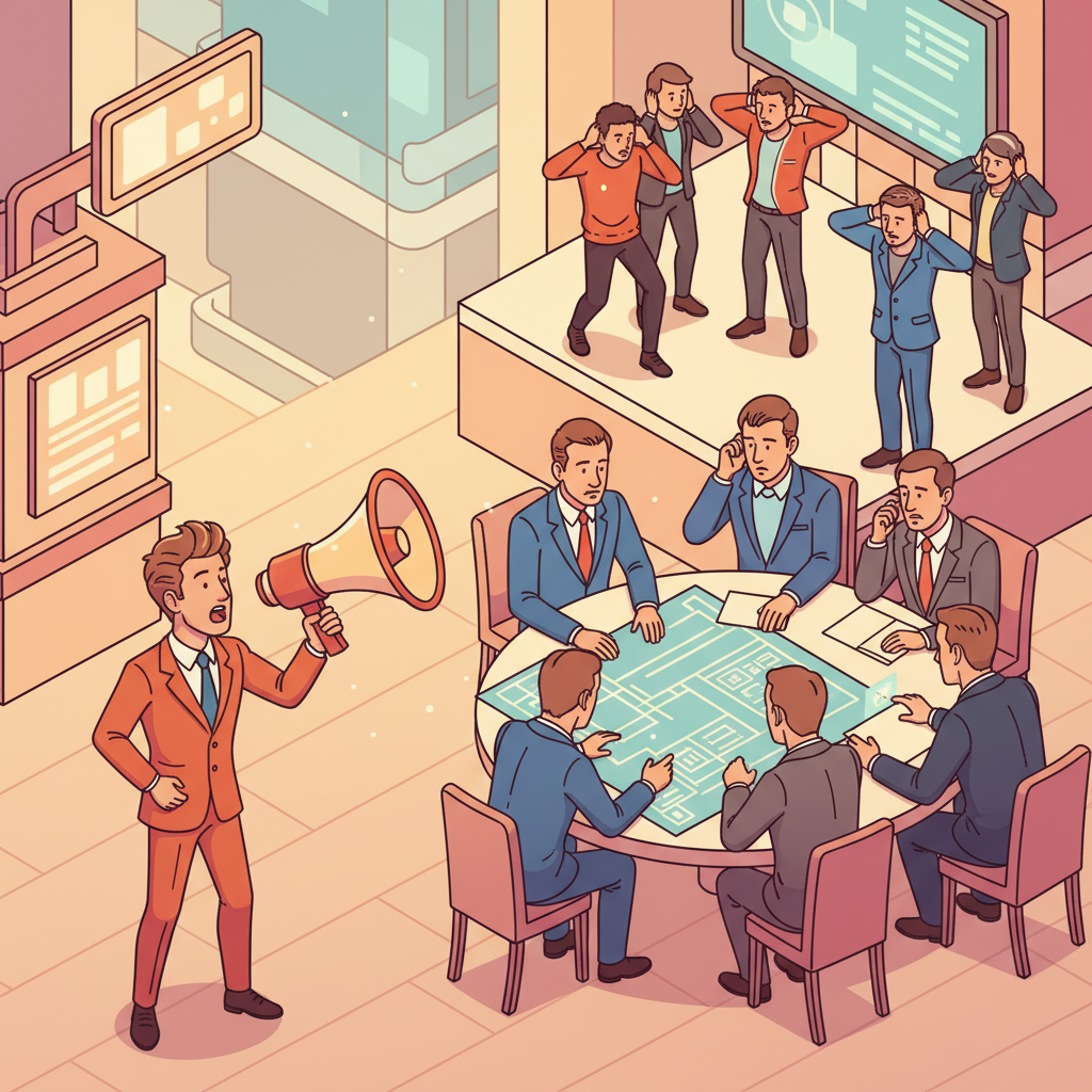 An illustration of a person holding a megaphone, speaking to a group of investors who are looking at blueprints, while other people in the background cover their ears.