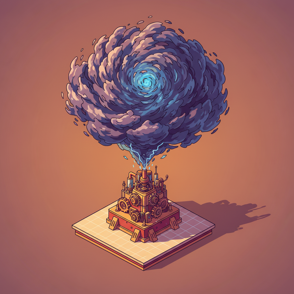 An illustration of a small, complex machine on a test platform, with a large, dark storm cloud brewing in the background.