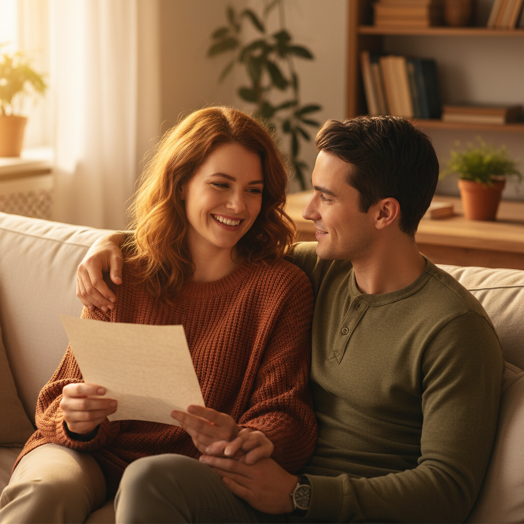 A couple sits on a couch, looking at each other. The woman is holding a piece of paper, and the man has his arm around her.