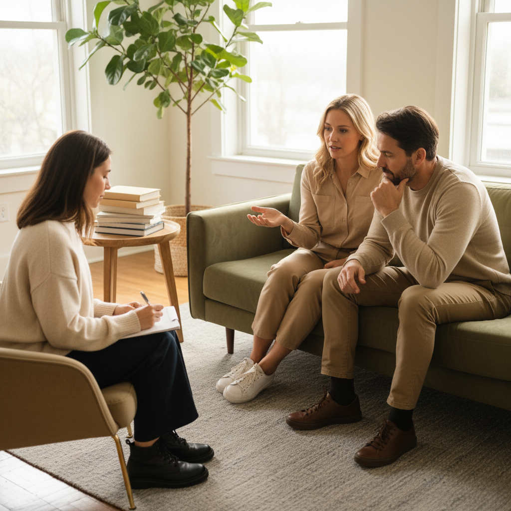 A therapist sits across from a couple, taking notes as the couple talks to each other.