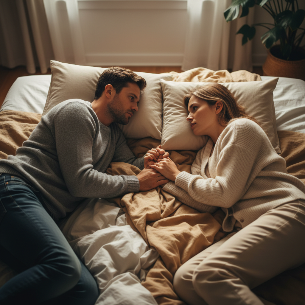 Two people are lying in bed, fully clothed, with their hands gently touching. They are looking at each other with serious expressions.