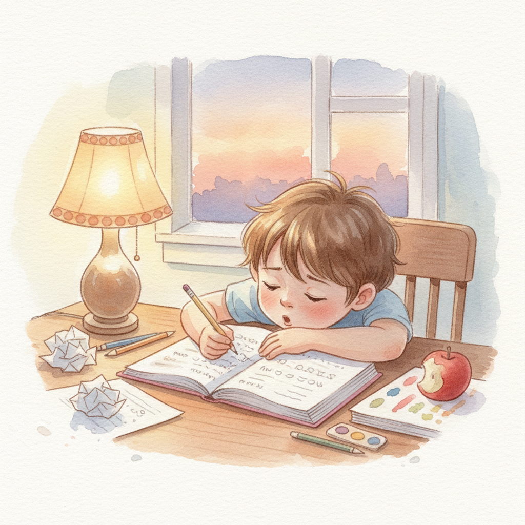 A teacher and a nurse speaking with a child who is rubbing their eyes, indicating tiredness.