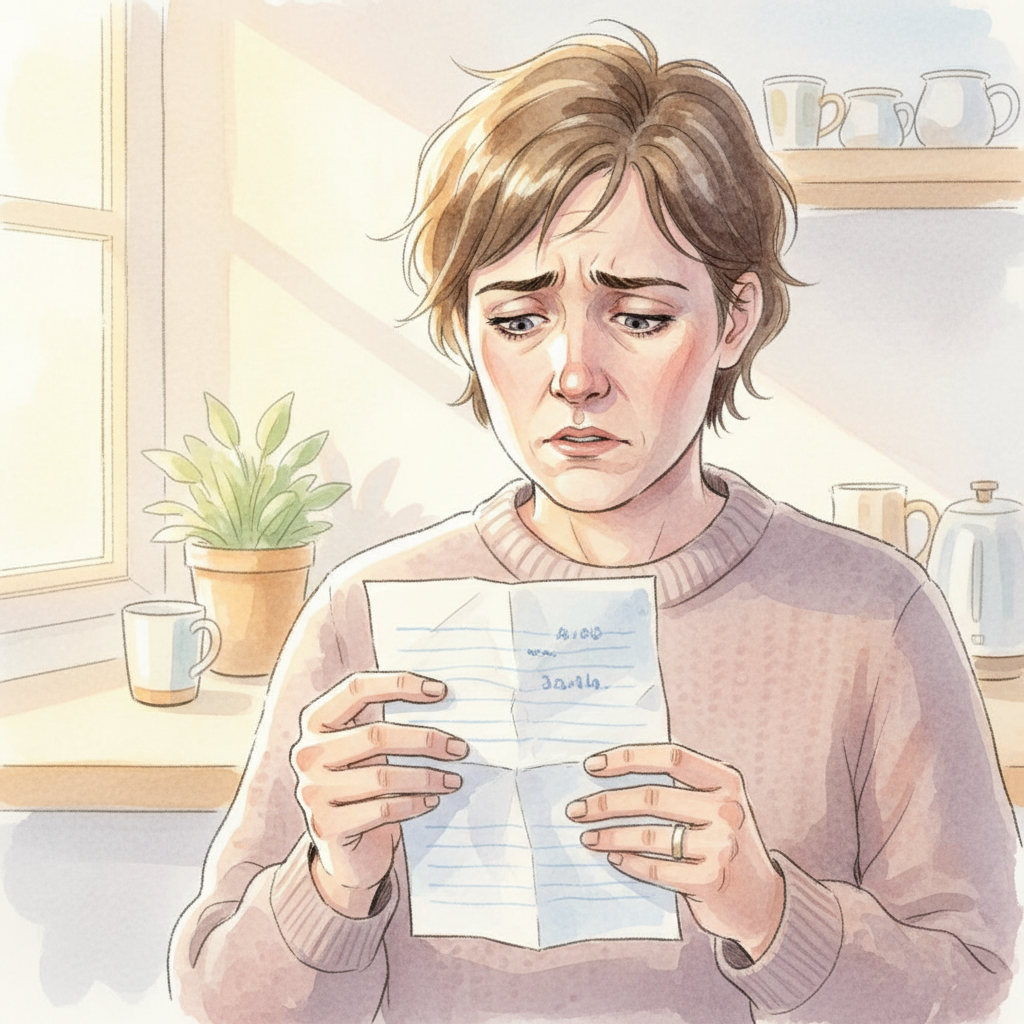 A parent looking intently at a wrinkled note from school, showing concern.