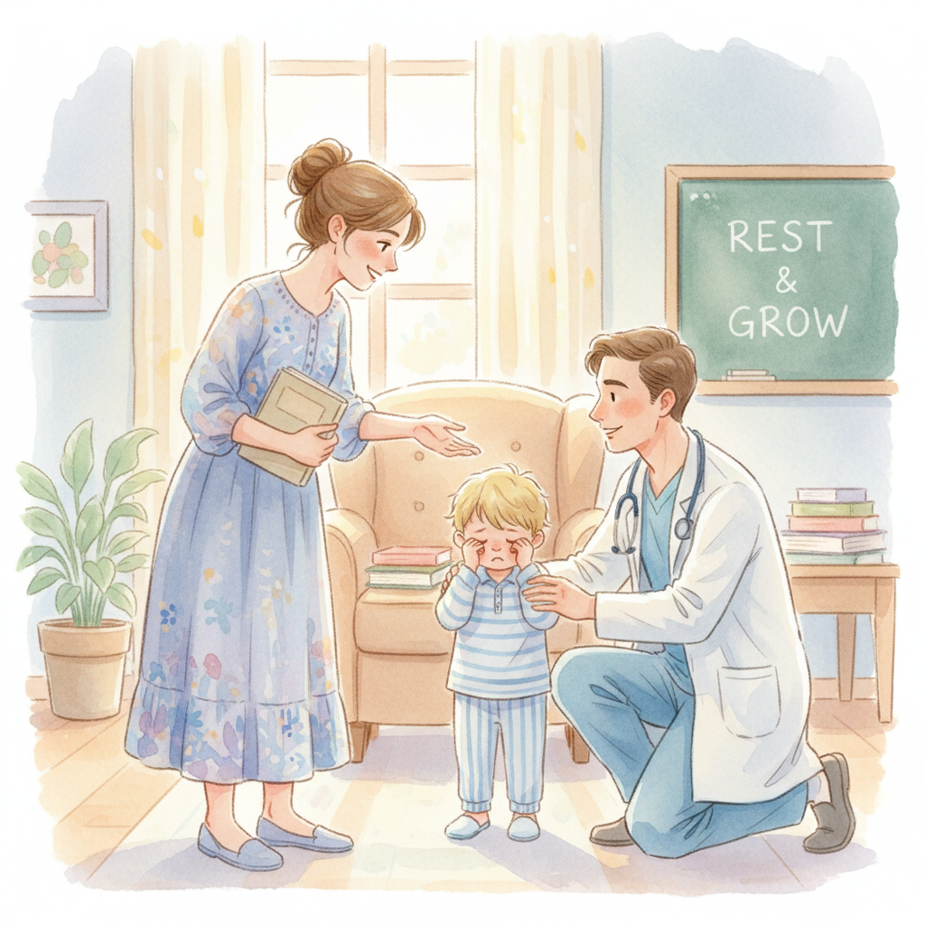 A teacher and a nurse speaking with a child who is rubbing their eyes, indicating tiredness.