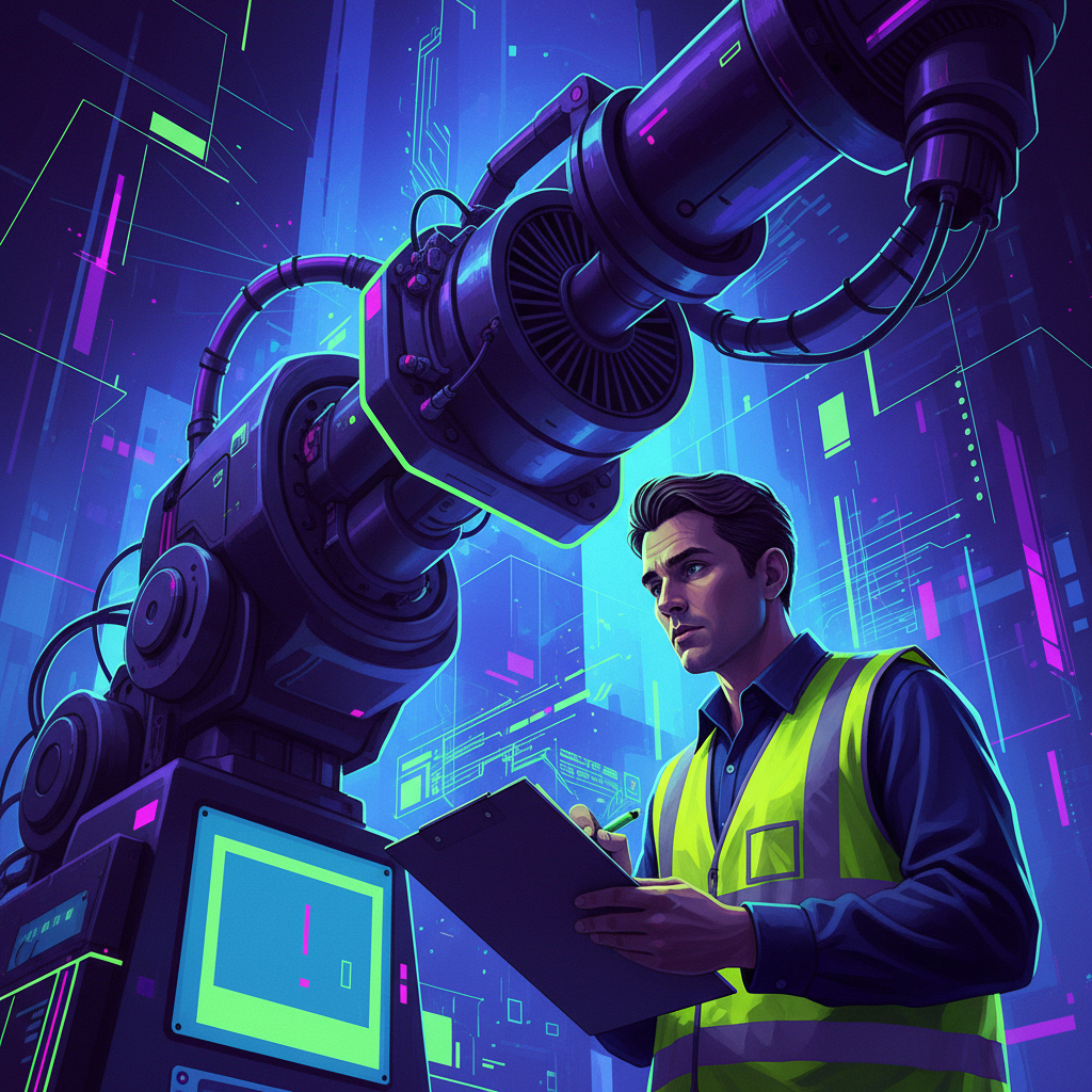 An illustration of a person taking notes on a clipboard while observing several large, industrial-looking machines with levers and gauges, set in a metallic environment.