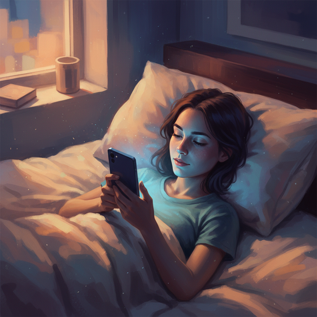 A hand reaches out to touch a blurry, glowing digital screen that shows a stylized, simplified human face. The background is dark and abstract.