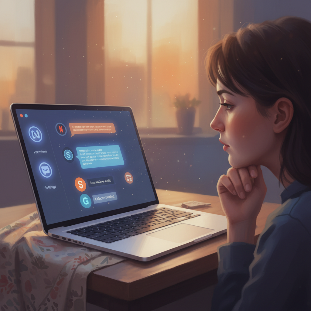 A person is shown interacting with a chatbot on a laptop, with subscription icons visible on the screen.