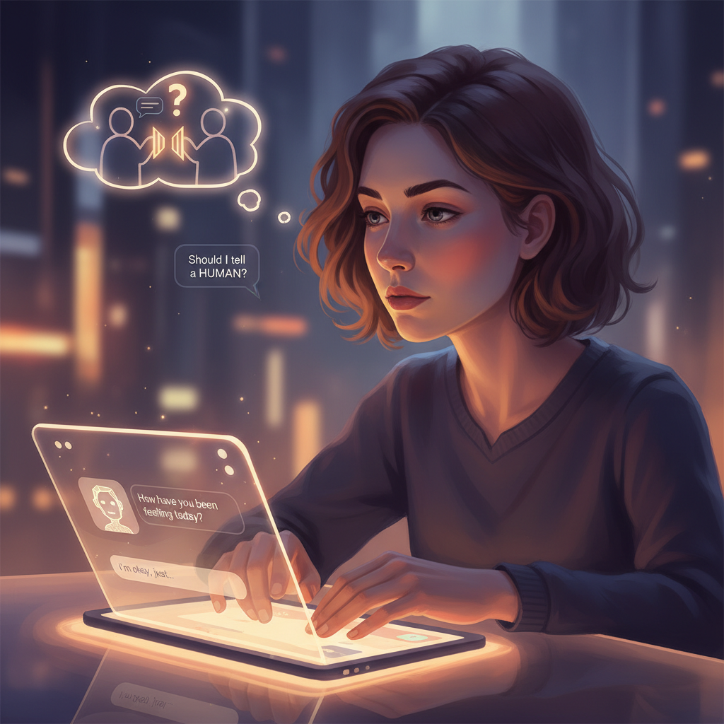 A person is depicted having a conversation with an AI chatbot, while a small, glowing thought bubble above their head indicates internal hesitation.