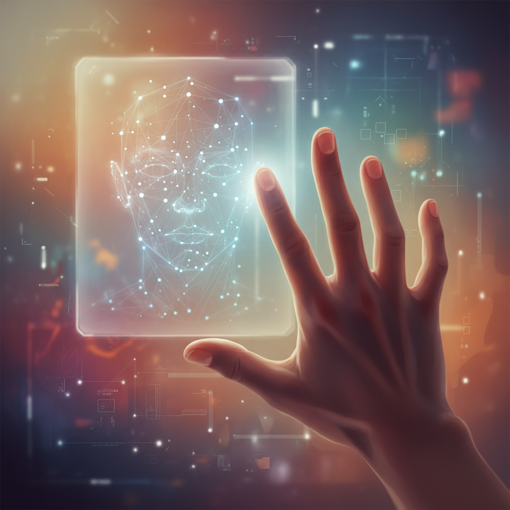 A hand reaches out to touch a blurry, glowing digital screen that shows a stylized, simplified human face. The background is dark and abstract.