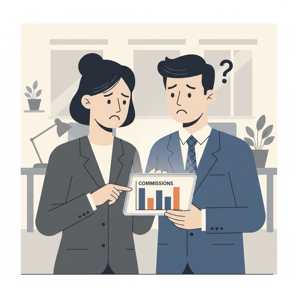 Two hotel staff members discussing finances and commission rates at a desk.