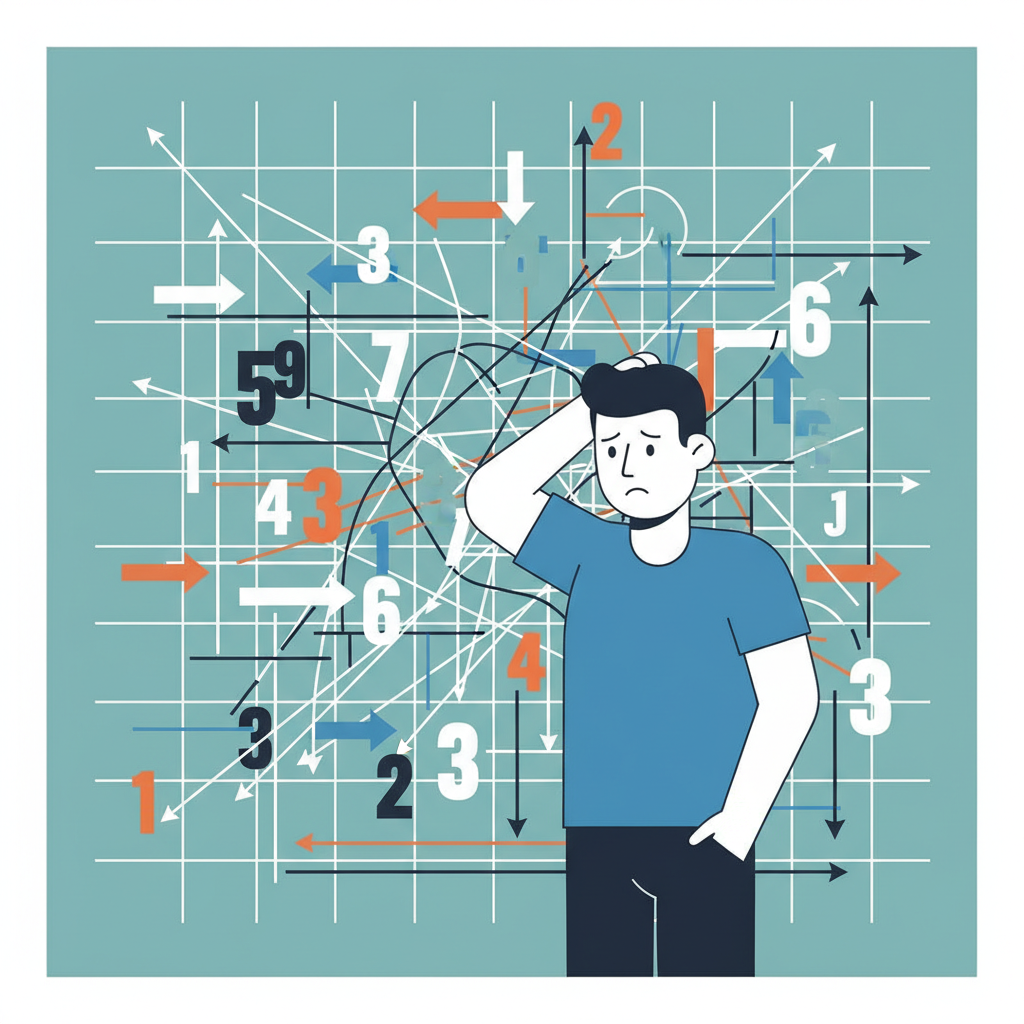 A person scratching their head looking at a complex points chart with arrows and numbers.