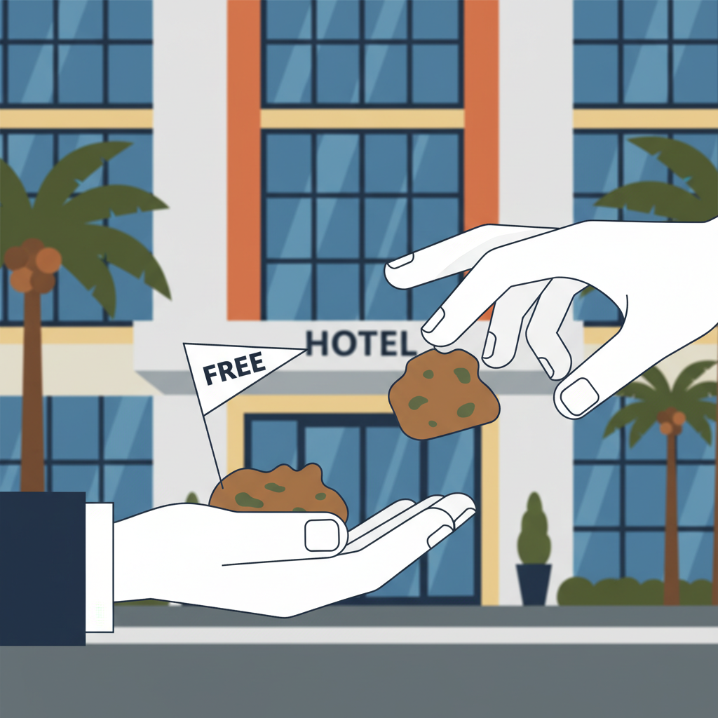 A hand receiving a small, unappealing snack with a 