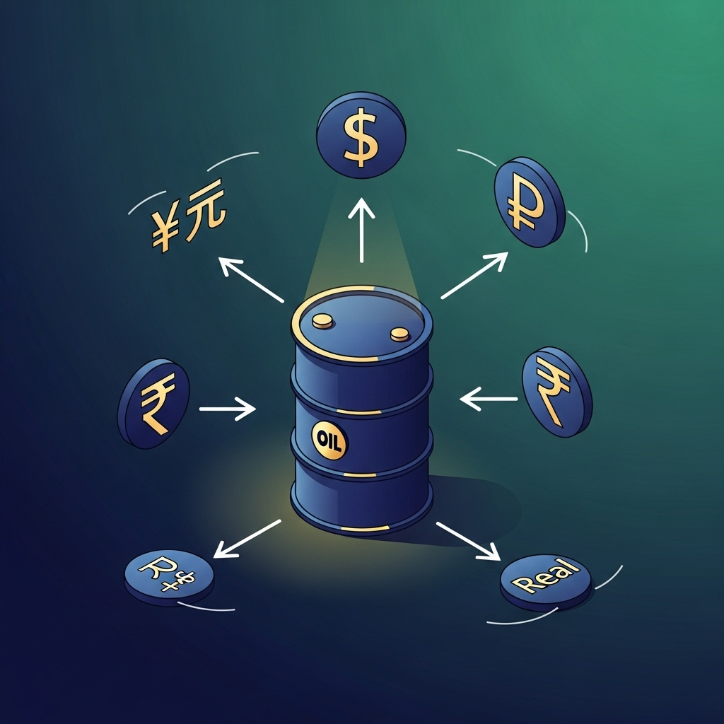 An illustration showing various currency symbols surrounding an oil barrel, with some non-dollar currencies forming direct connections to the barrel.