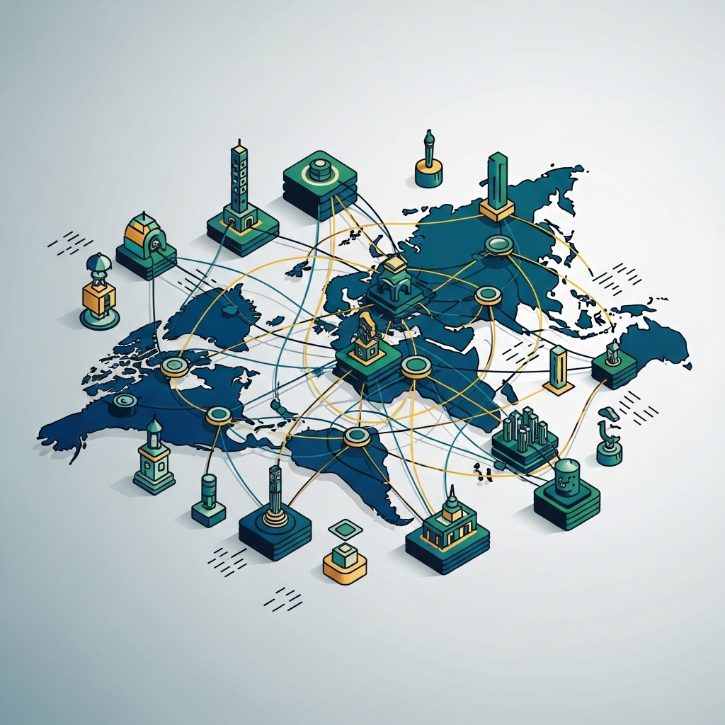 An illustration of a global financial network with some old pathways disconnecting and new pathways forming between nodes.