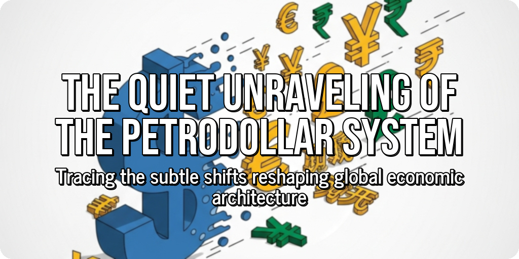 Large bold text that reads,"The Quiet Unraveling of the Petrodollar System: Tracing the subtle shifts reshaping global economic architecture"
