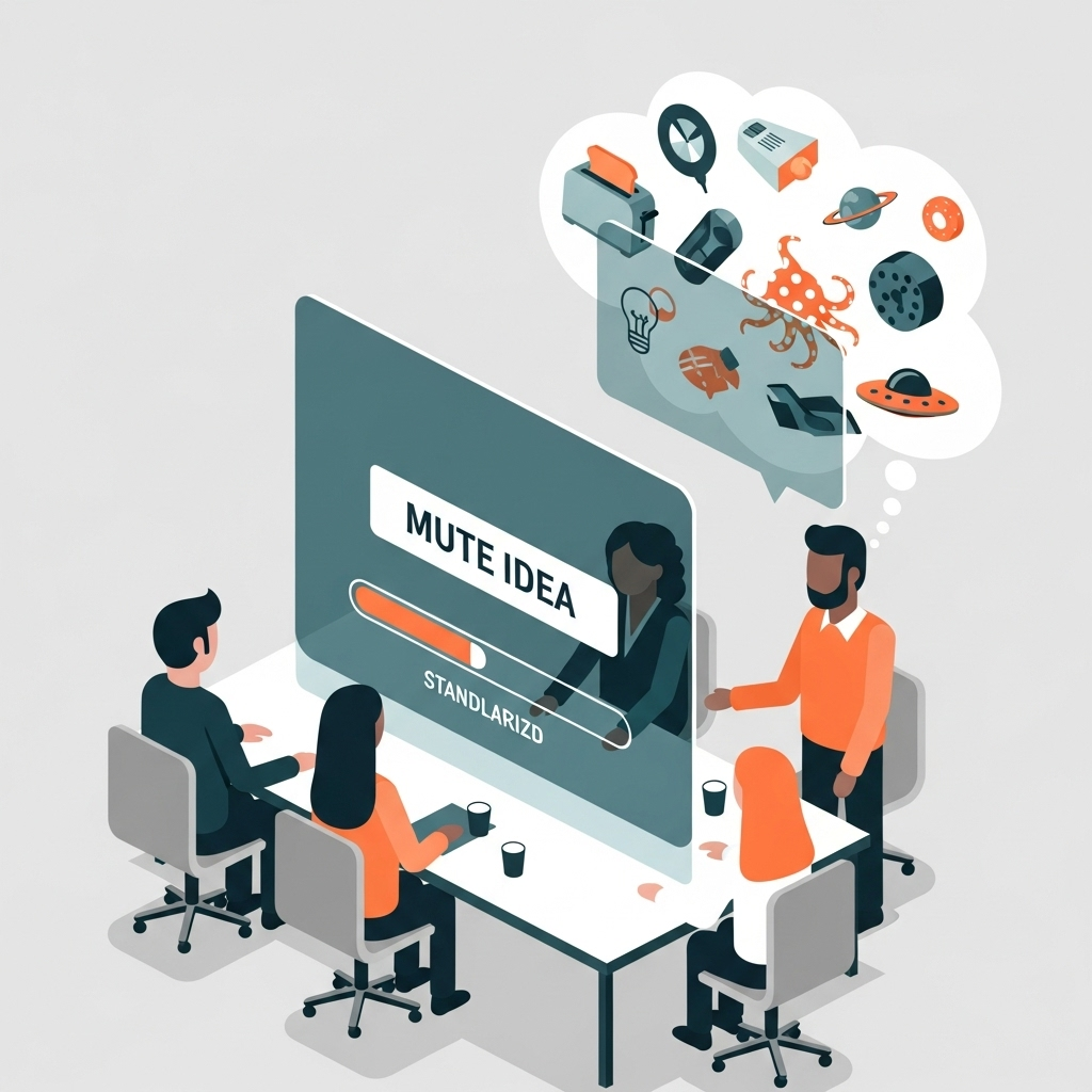 An illustration of a group of people in a meeting, with one person's original idea being overshadowed or changed to fit a standardized template.
