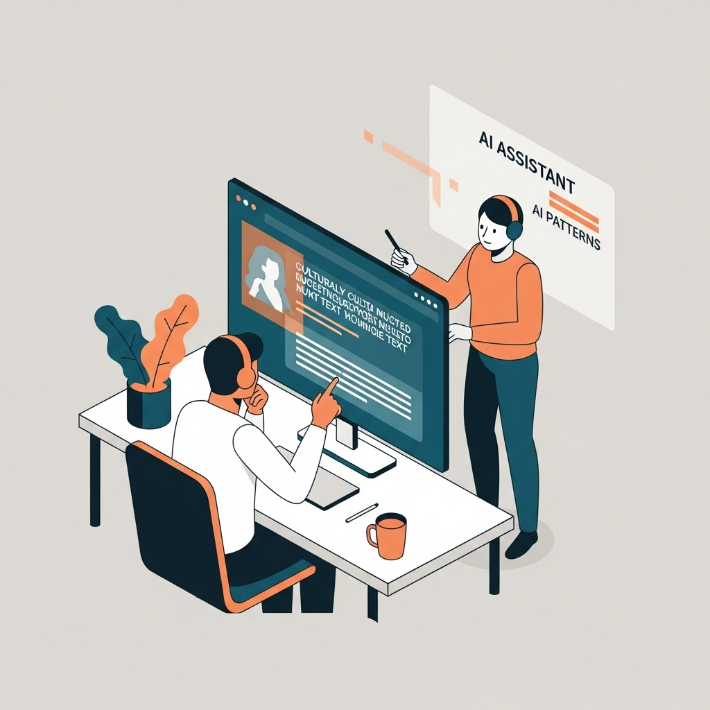 An illustration of a person reviewing and refining text on a screen, with an abstract representation of AI working in the background.