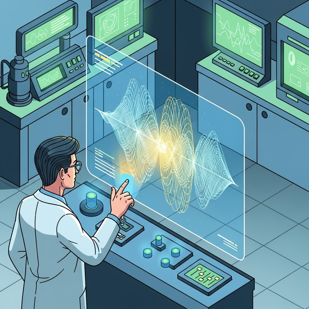 An illustration of a researcher manipulating holographic wave patterns on an interface.