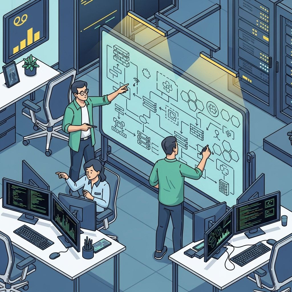 An illustration of two cybersecurity professionals sketching and reorganizing network security diagrams on a digital whiteboard.