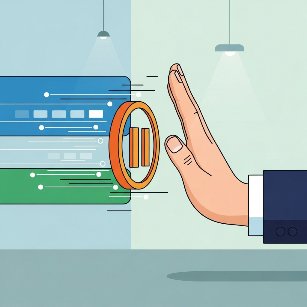 An illustration of a hand pausing a stream of digital information, symbolizing a quality check or a deliberate pause before accepting AI output.