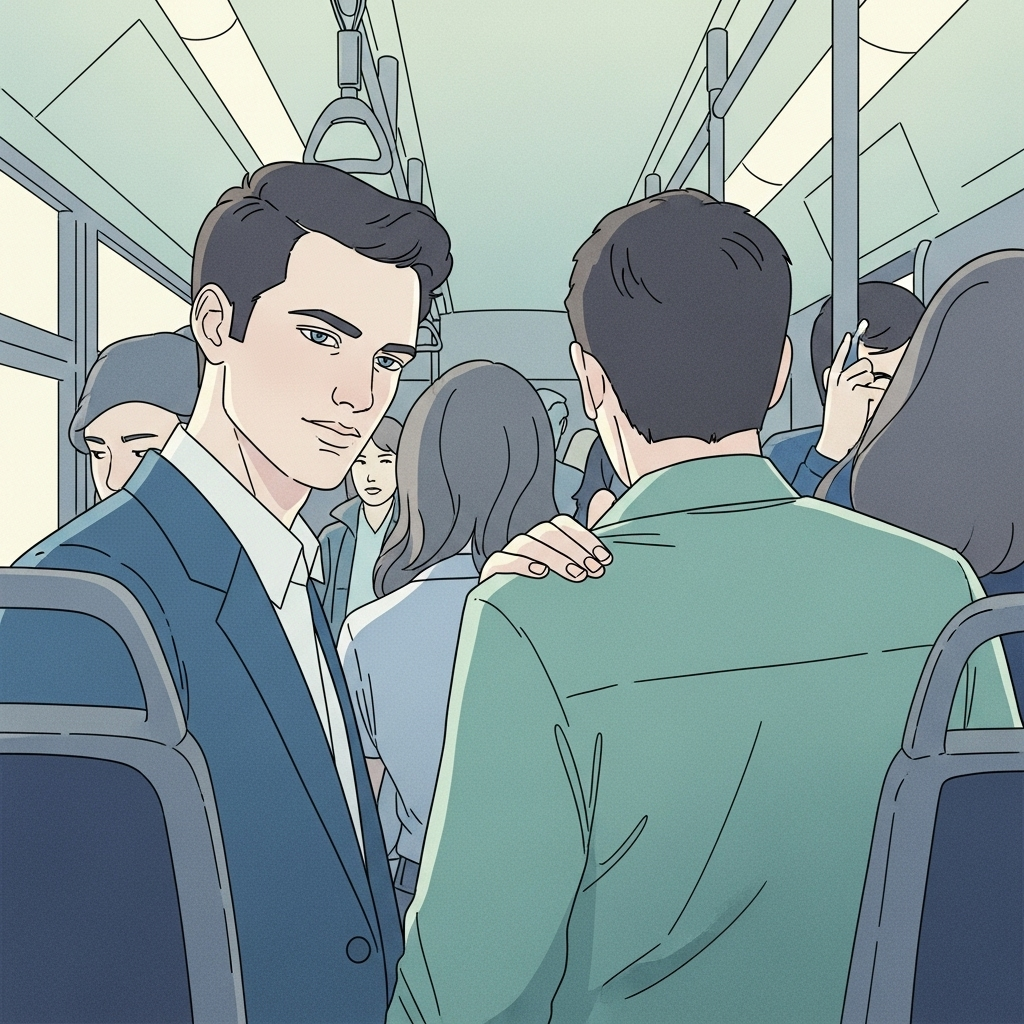 An illustration of one person on a train looking at another, who appears uncomfortable and is trying to avoid the gaze.