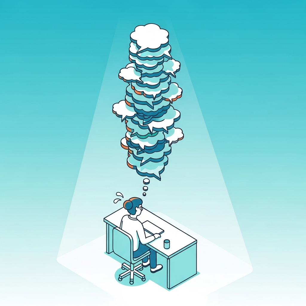 An illustration of a person looking at a complex, fragmented puzzle with a confused expression.