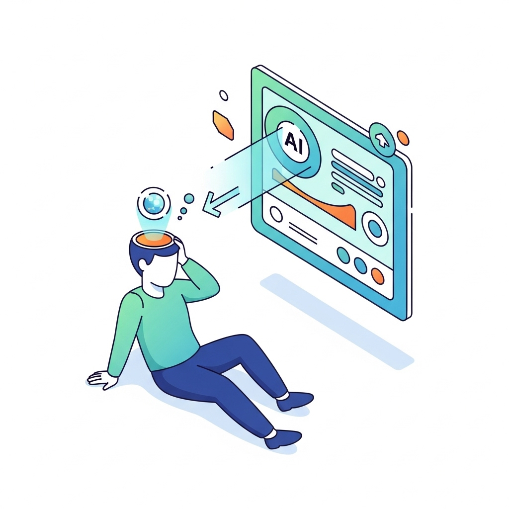 An illustration of a person transferring a glowing thought from their mind to a computer screen with an AI interface.