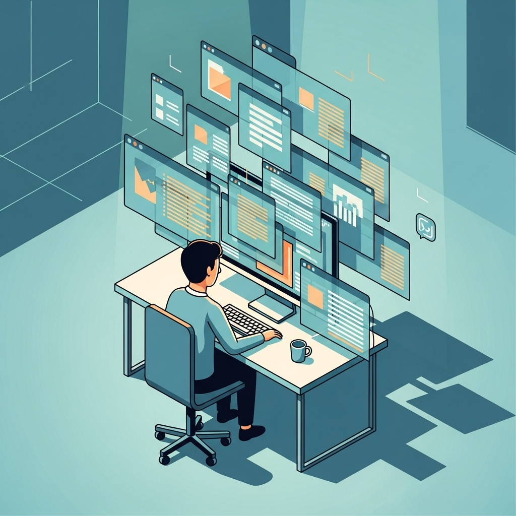 An illustration of a person pausing and thinking before clicking a 'save' button on a digital interface.
