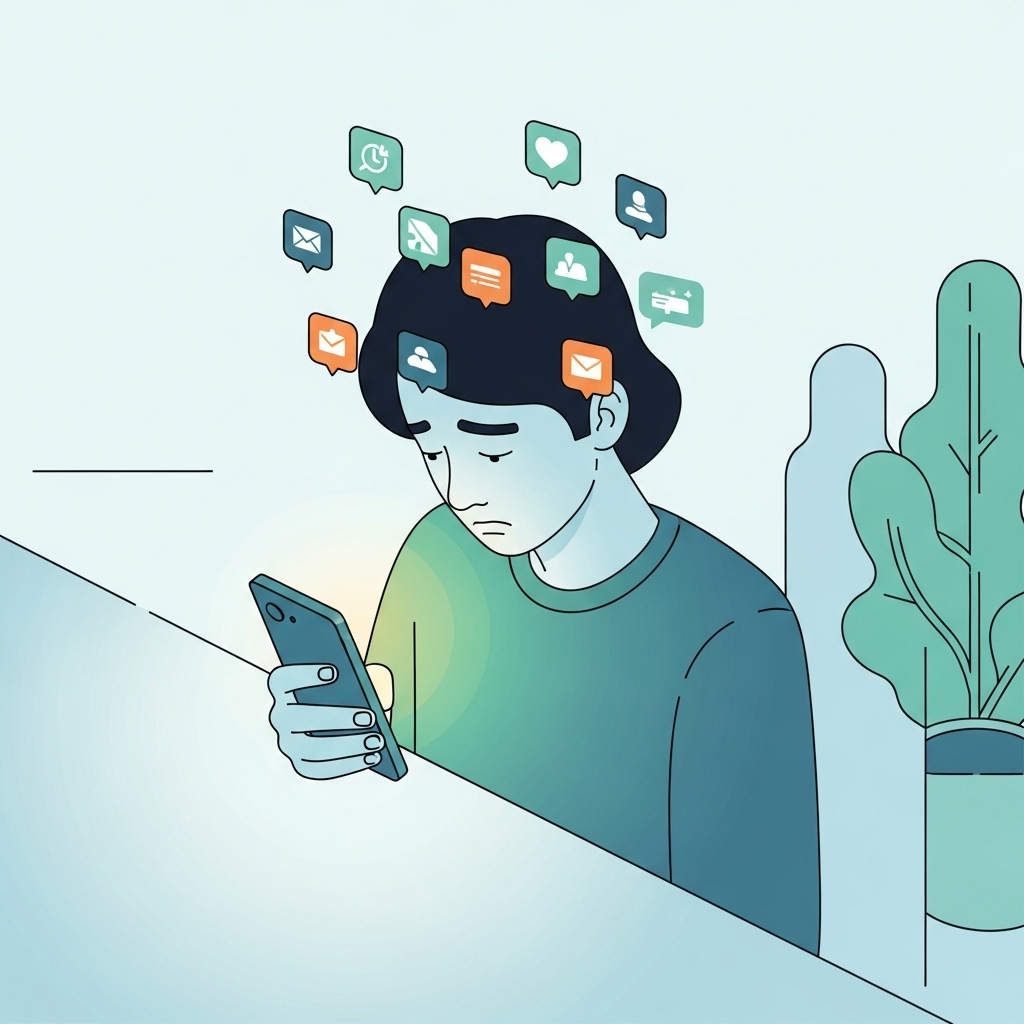 An illustration of a person looking tired while holding a smartphone, with many notification icons floating around them.