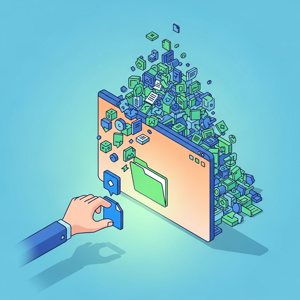 An illustration of a person rapidly saving digital files, with a growing pile of unsorted files depicted behind the digital folder.