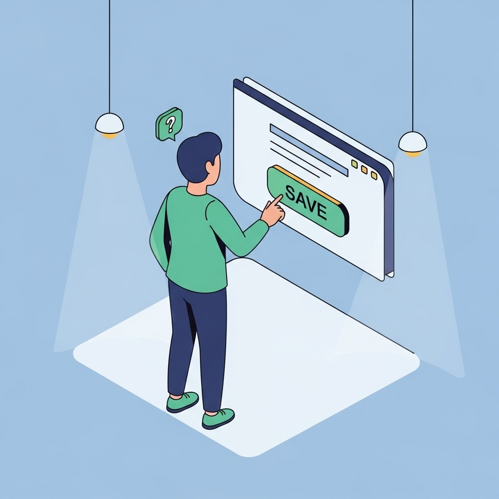 An illustration of a person pausing and thinking before clicking a 'save' button on a digital interface.